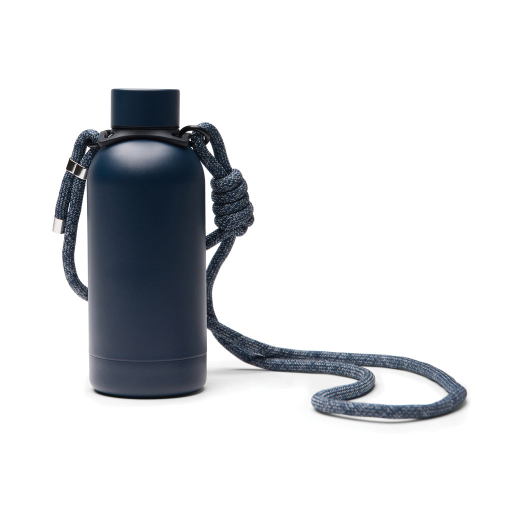 Drinkfles 400 ml met schouderriem, gerecycled RVS, donkerblauw