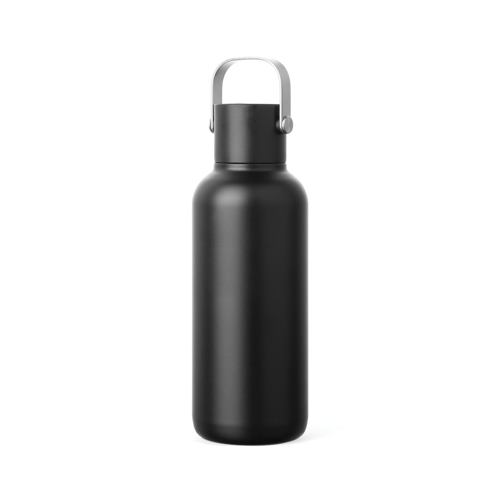 Drinkfles 600 ml met rietje, gerecycled RVS, zwart