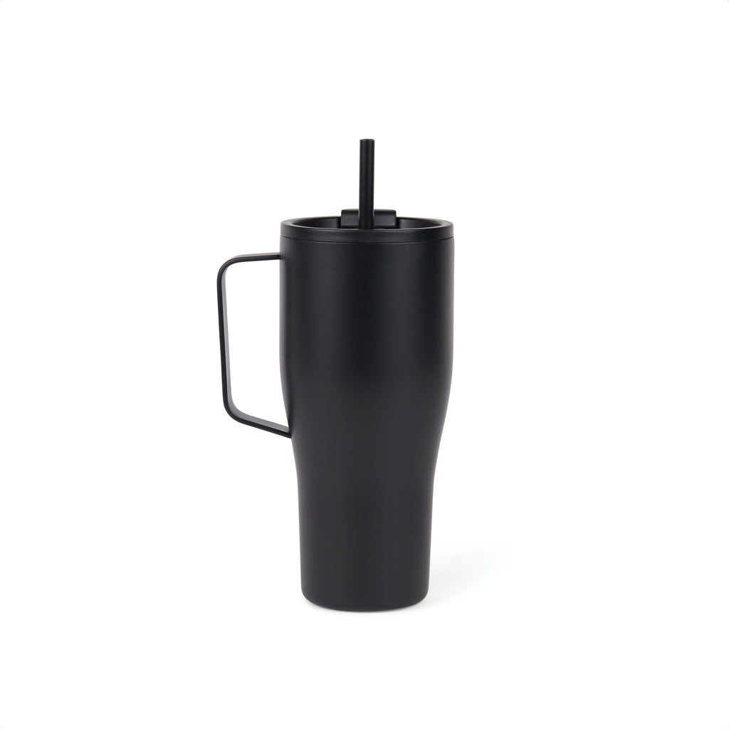 Thermosfles 800 ml met rietje, gerecycled RVS, zwart