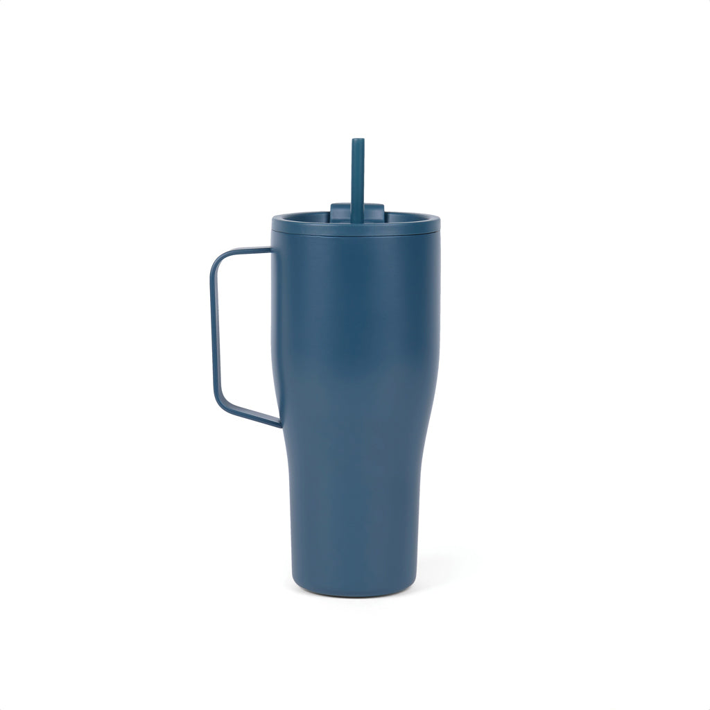 Thermosfles 800 ml met rietje, gerecycled RVS, donkerblauw