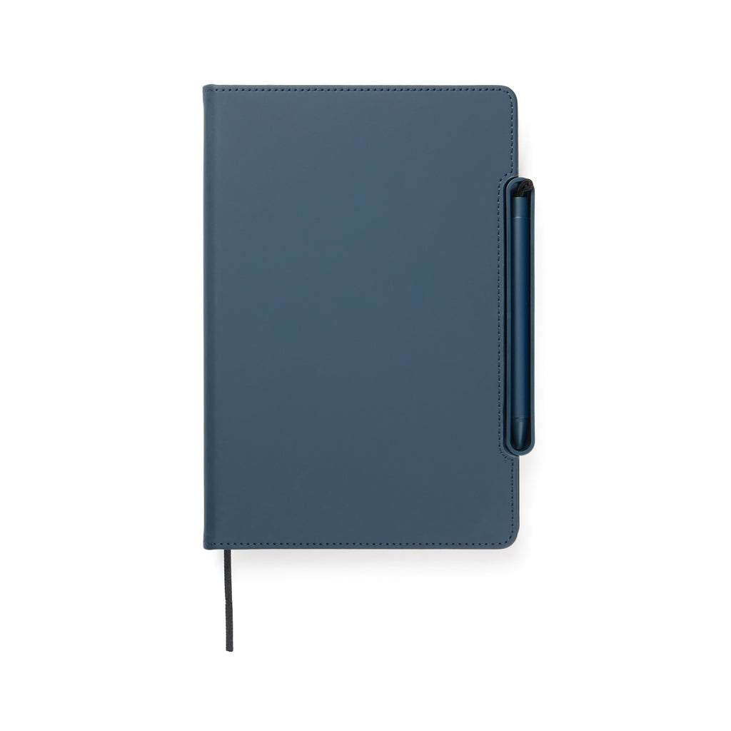 4-in-1 hervulbaar notitieboek met liniaal en pen, donkerblauw