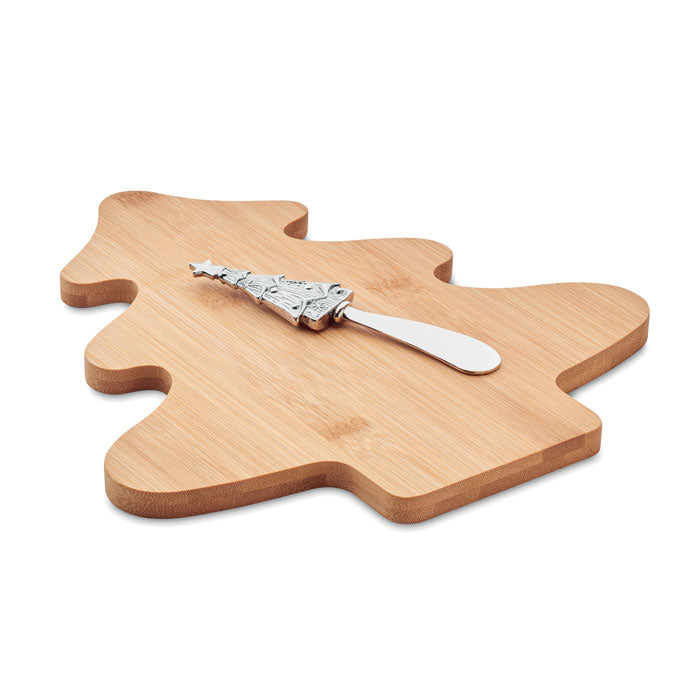 Kaasplankje in kerstboomvorm met mesje, hout