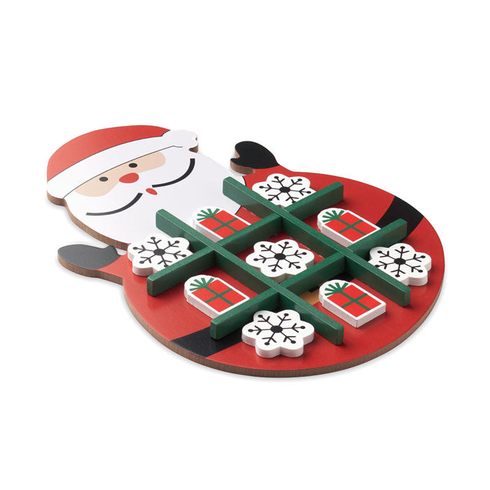 Houten boter-kaas-en-eieren spel met kerstdesign, rood