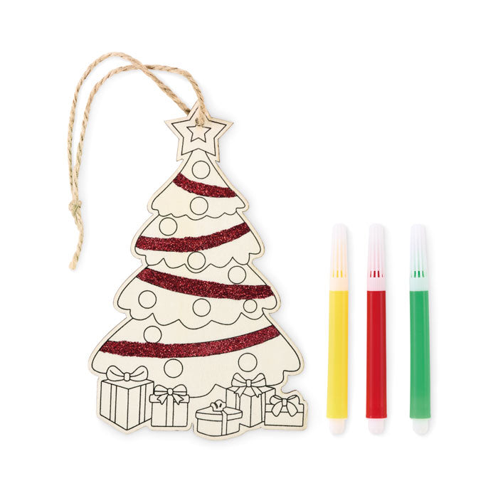 Kerstboomornament van hout met kleurstiften, hout