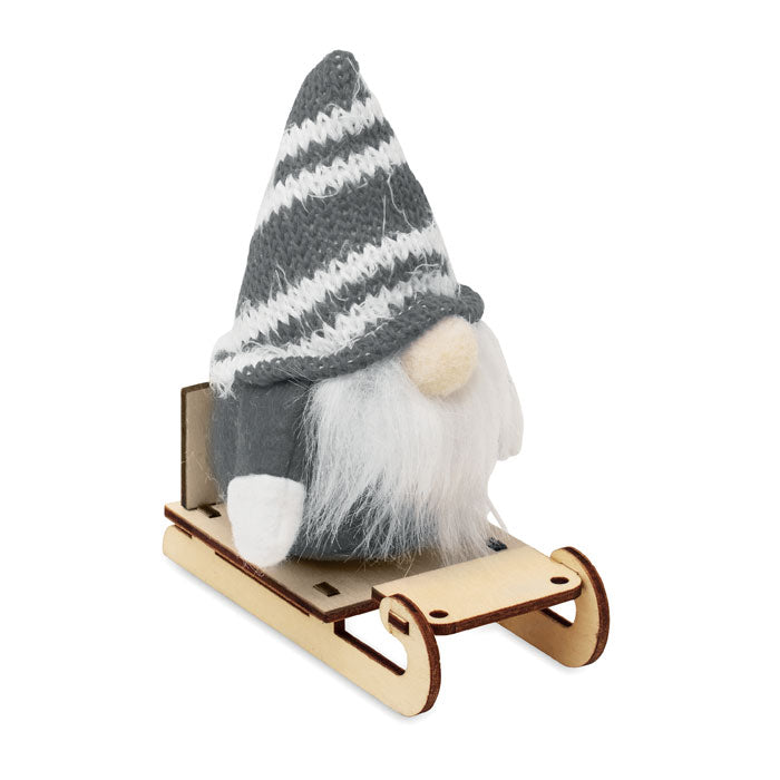 Decoratieve kabouter op houten slee, grijs