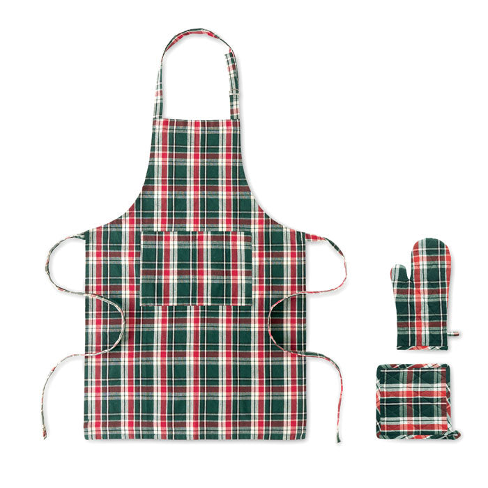 Set schort, ovenwant en handschoen, geruit katoen, multicolour