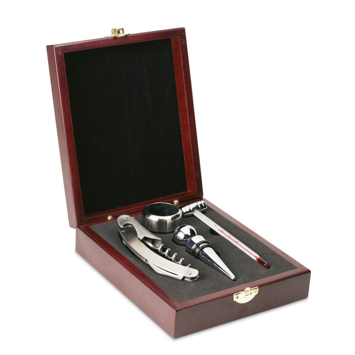 Wijnset in houten geschenkdoos, zilver