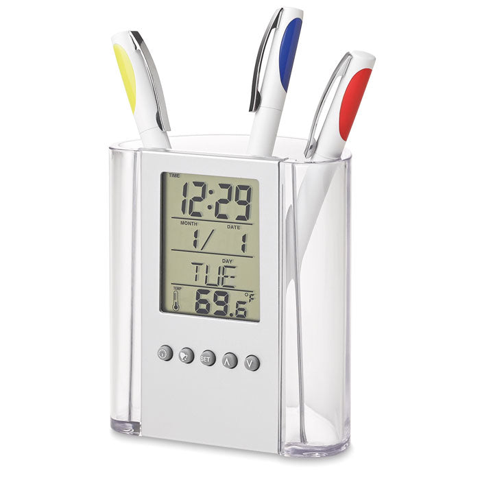 Pennenhouder met kalender, klok en temperatuurweergave, transparant