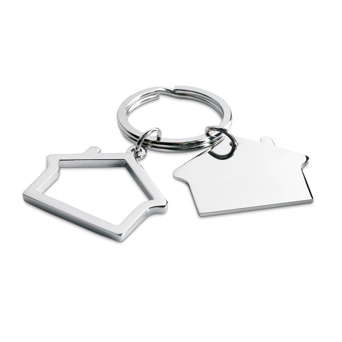 Sleutelhanger van metaal met dubbel huis, glanzend zilver