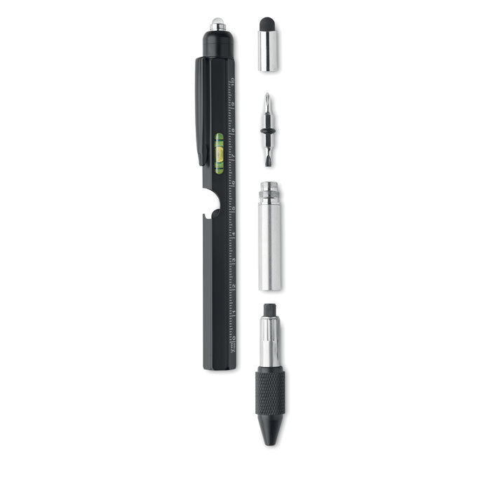 Multitool-pen met waterpas en schroevendraaiers, zwart