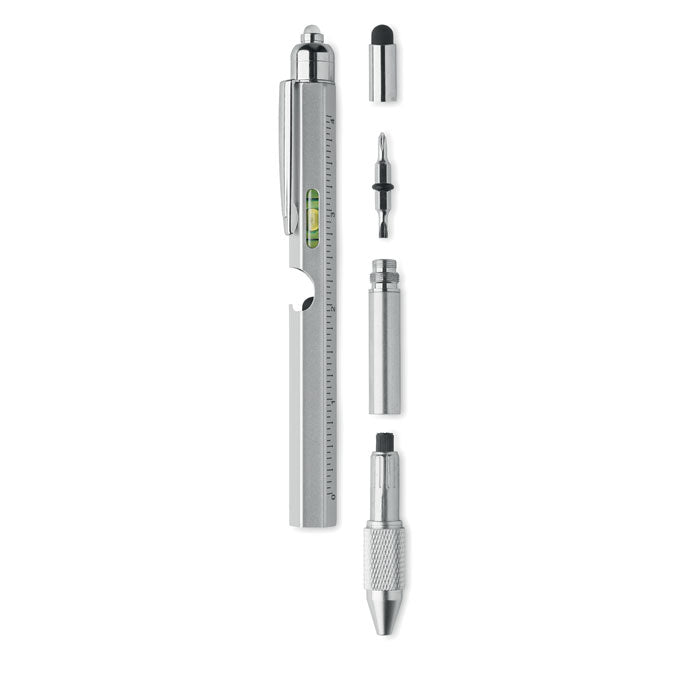 Multitool-pen met waterpas en schroevendraaiers, mat zilver