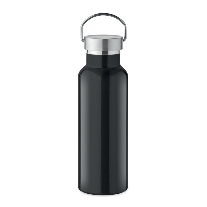 Thermosfles 500 ml met handvatdop, gerecycled rvs, zwart