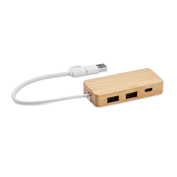 USB-hub met 3 poorten, bamboe behuizing, hout