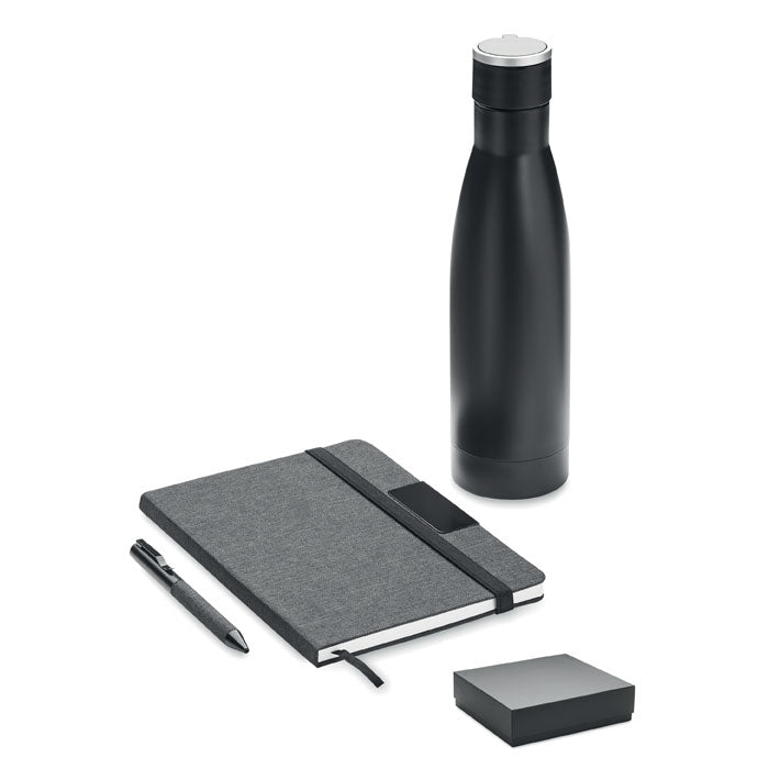 Geschenkset notitieboek, pen en thermosfles, zwart