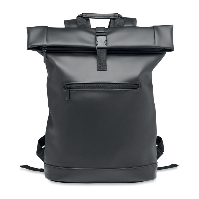 Rolltop laptoprugzak 15 inch, zacht kunstleer, zwart