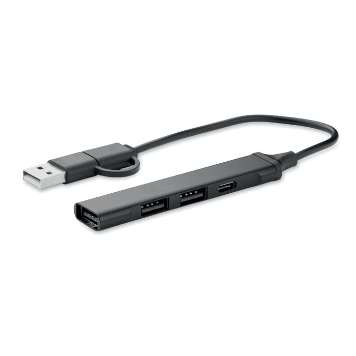 USB-hub met 4 poorten, gerecycled aluminium, zwart