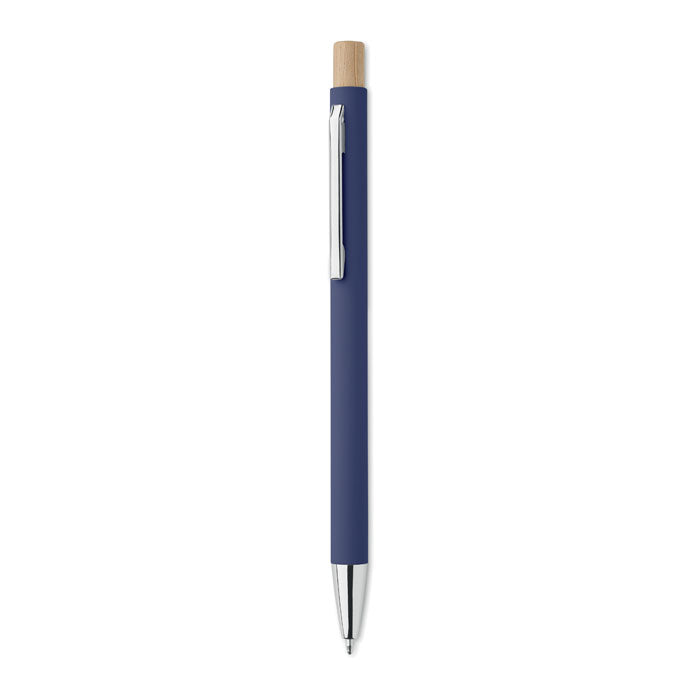Balpen met bamboe drukknop, gerecycled aluminium, blauw