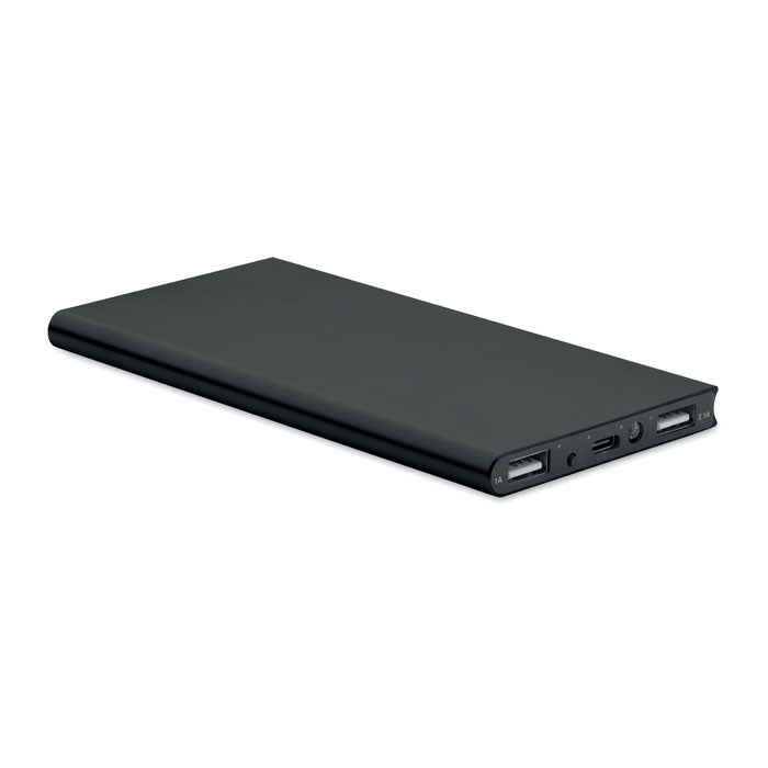 Platte powerbank 8000 mAh van gerecycled aluminium, zwart