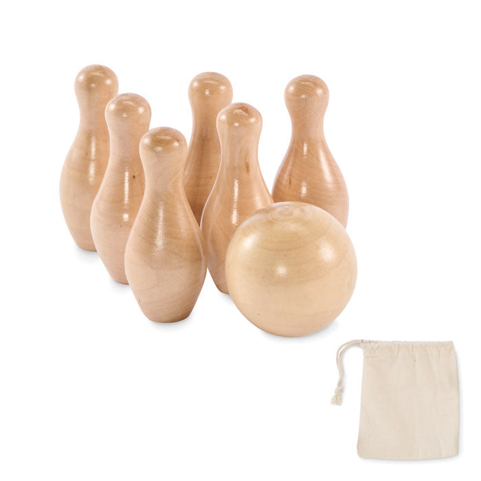Mini bowlingset van dennenhout in katoenen tas, hout