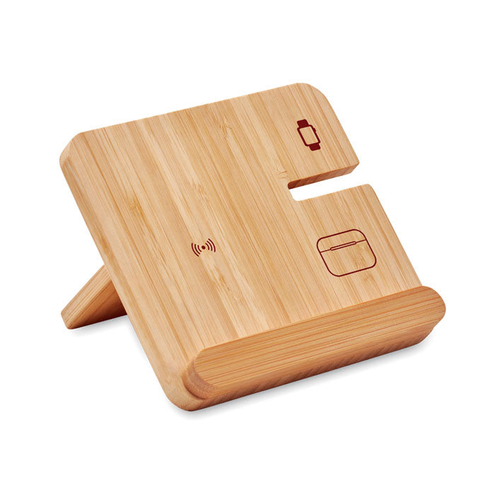 3-in-1 opvouwbaar oplaadstation met telefoonstandaard, hout