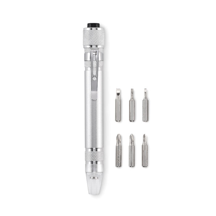 Multitool in penvorm met zaklamp, zilver