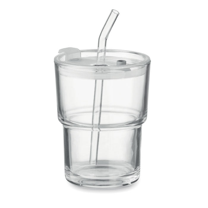 Glazen beker 300 ml met glazen rietje, transparant