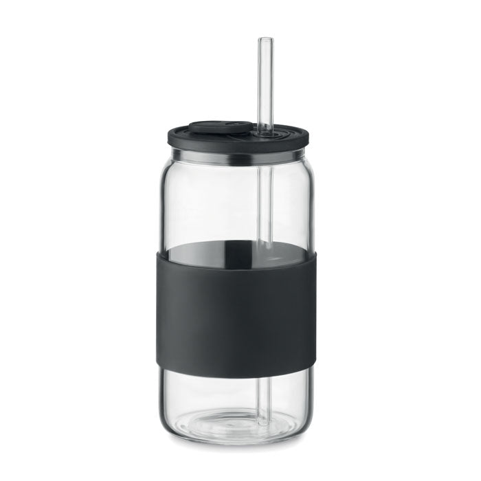 Glazen beker 550 ml met siliconen deksel en rietje, zwart
