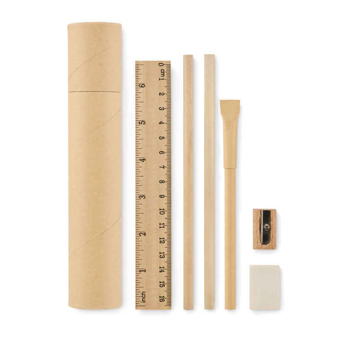 Papieren koker met potloden en accessoires, beige