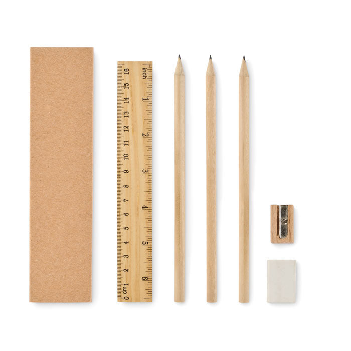 Schrijfsetje met 3 potloden, liniaal en slijper, beige