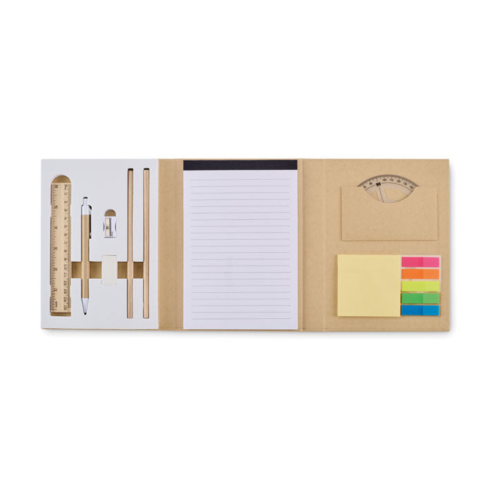 Schrijfblokset met balpen, potloden en meetgereedschap, beige