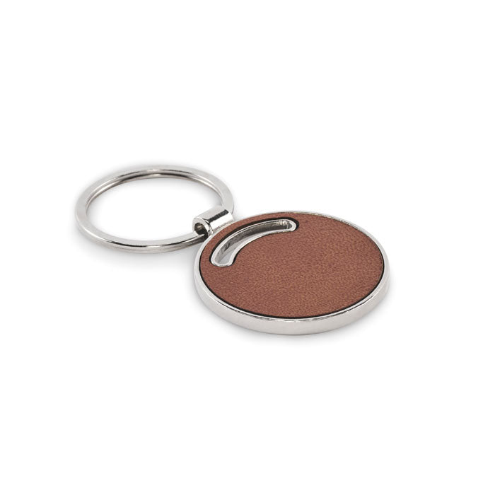 Ronde metalen sleutelhanger met leerlook inleg, bruin