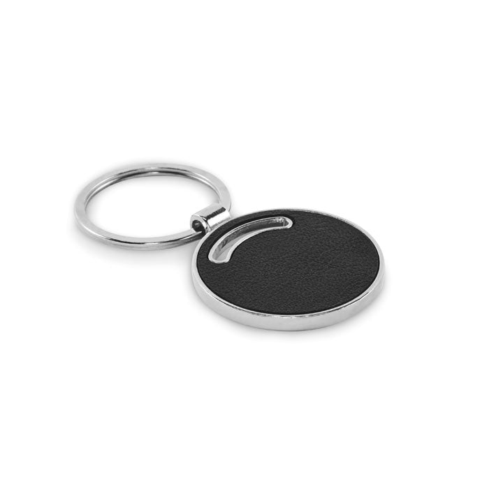 Ronde metalen sleutelhanger met leerlook inleg, zwart