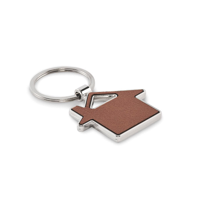 Sleutelhanger in huisvorm met leerlook inleg, bruin