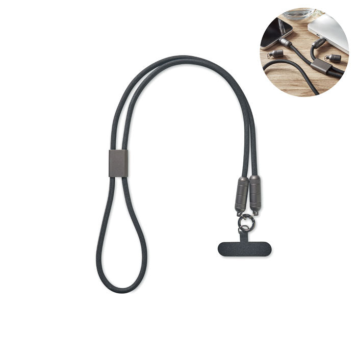 Lanyard met oplaadkabel USB-C en telefoonhouder, zwart