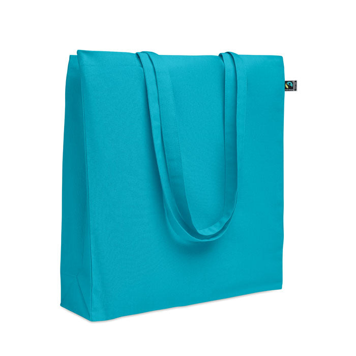 Katoenen boodschappentas met zijvouw en lange hengsels, turquoise