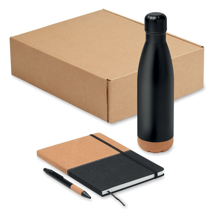 Geschenkset fles, notitieboek en pen, zwart