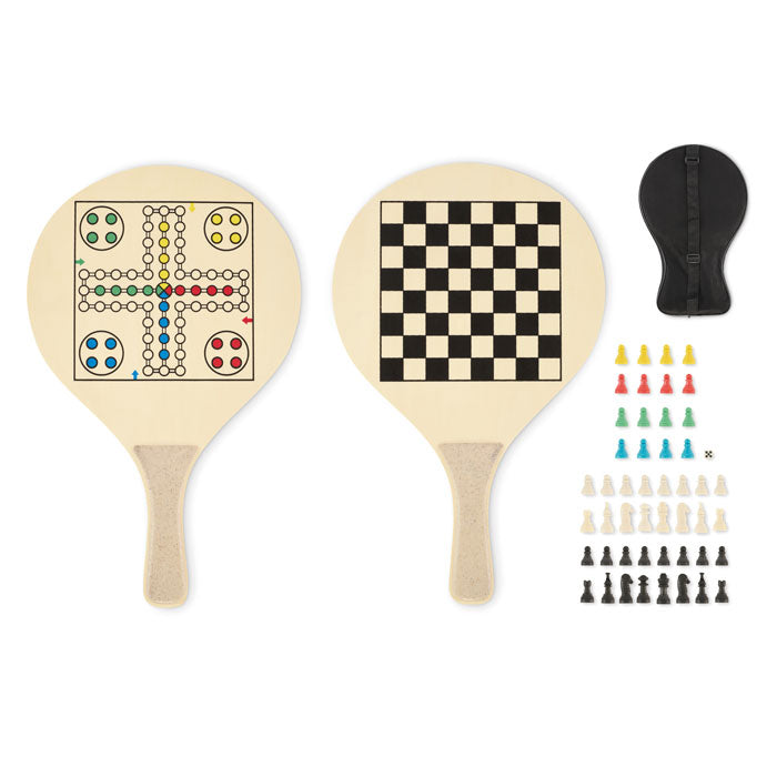 Strandspelset met rackets, schaak- en ludobord, hout