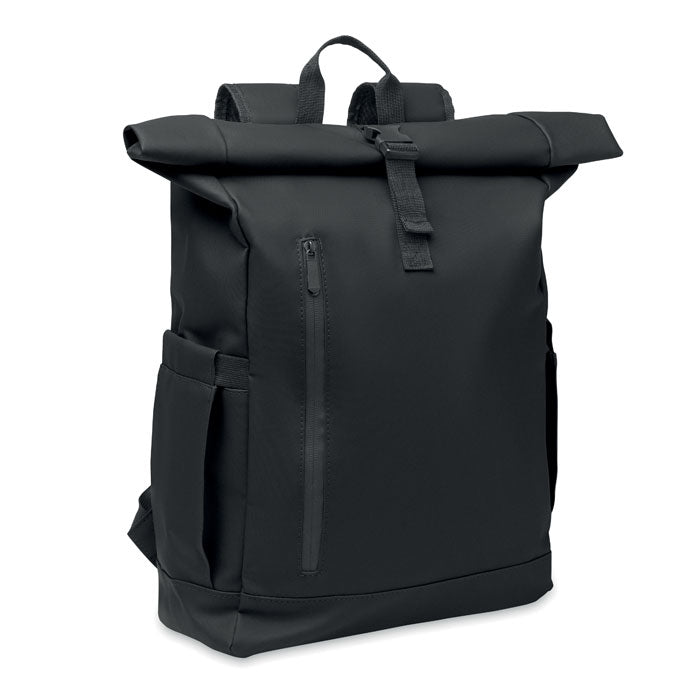 Rolltop laptoprugzak 15 inch, gecoat gerecycled polyester, zwart