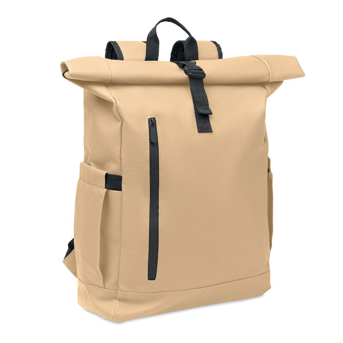 Rolltop laptoprugzak 15 inch, gecoat gerecycled polyester, khaki