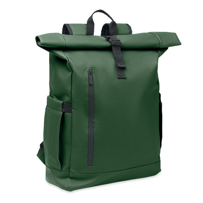 Rolltop laptoprugzak 15 inch, gecoat gerecycled polyester, donker marinegroen