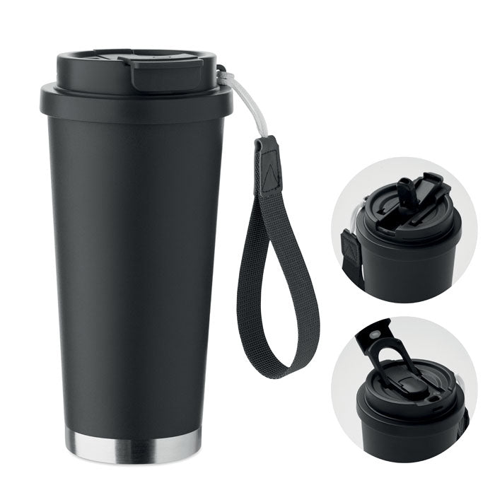 Dubbelwandige beker 500 ml met 2-in-1 deksel, zwart