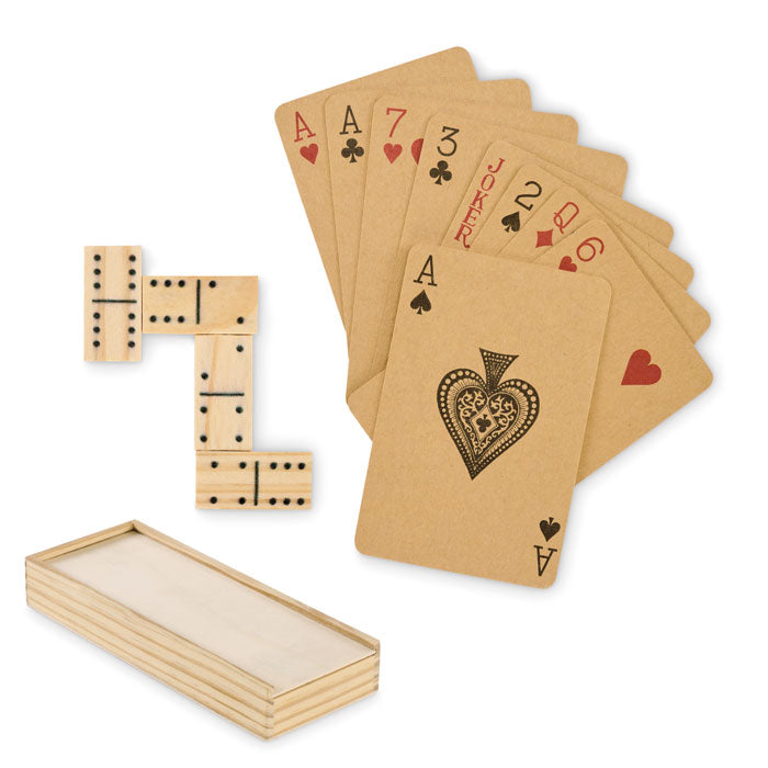 Domino- en kaartspel in houten doosje, hout