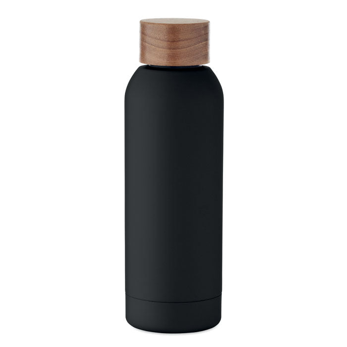 Fles 700 ml van gerecycled roestvrij staal met houten deksel, zwart