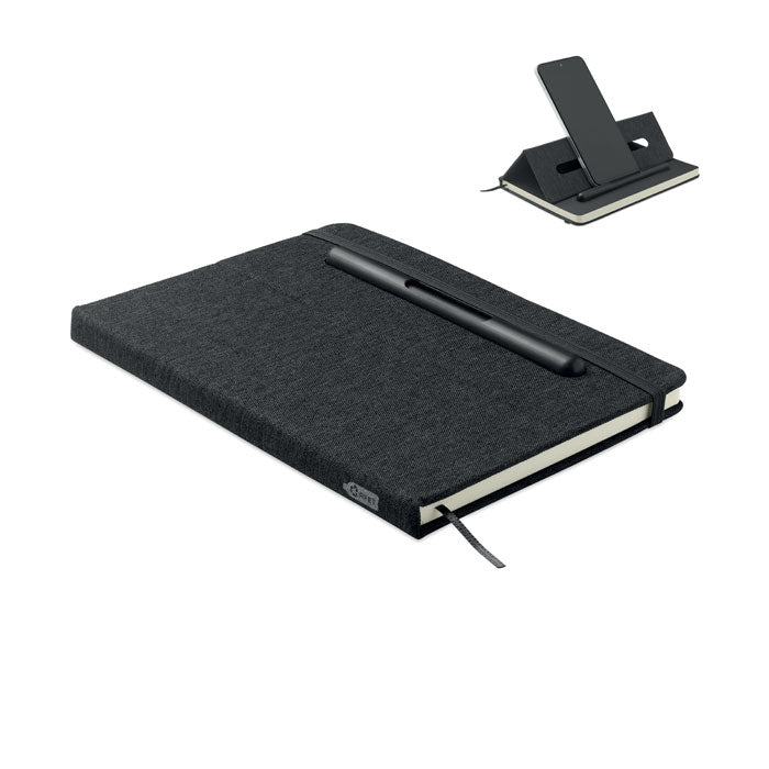 A5 notitieboek met telefoonhouder en ingebouwde pen, zwart