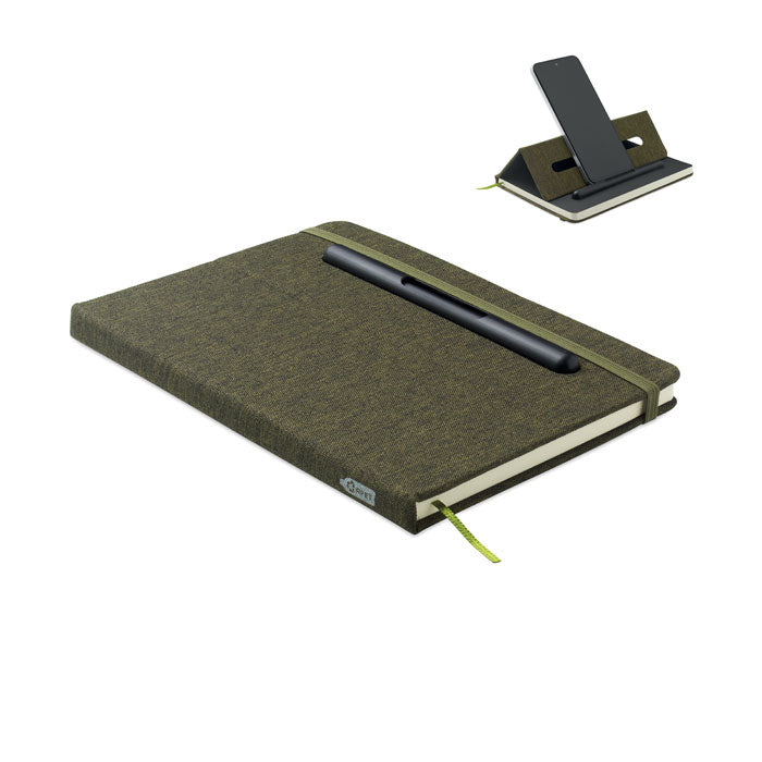 A5 notitieboek met telefoonhouder en ingebouwde pen, donker marinegroen