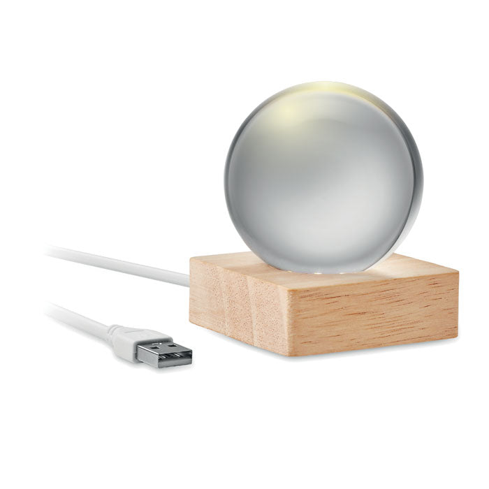 Glazen bollamp op houten voet met USB-aansluiting, hout