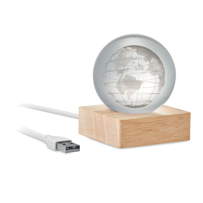 Glazen wereldbol-lamp op houten voet, hout