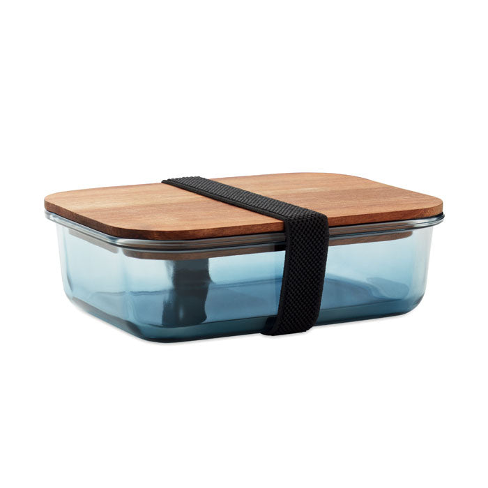 Glazen lunchbox 800 ml met houten deksel, transparant blauw
