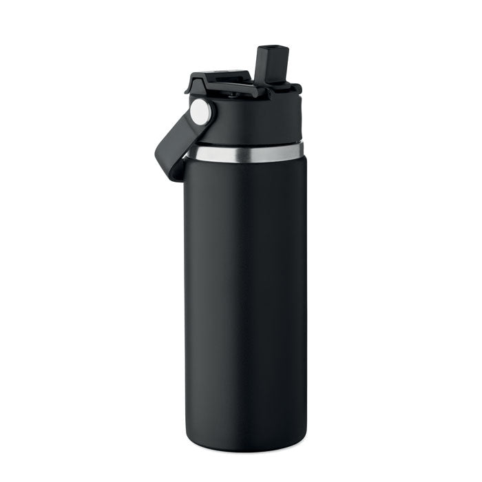 Geïsoleerde fles 500 ml met rietje en handvat, zwart