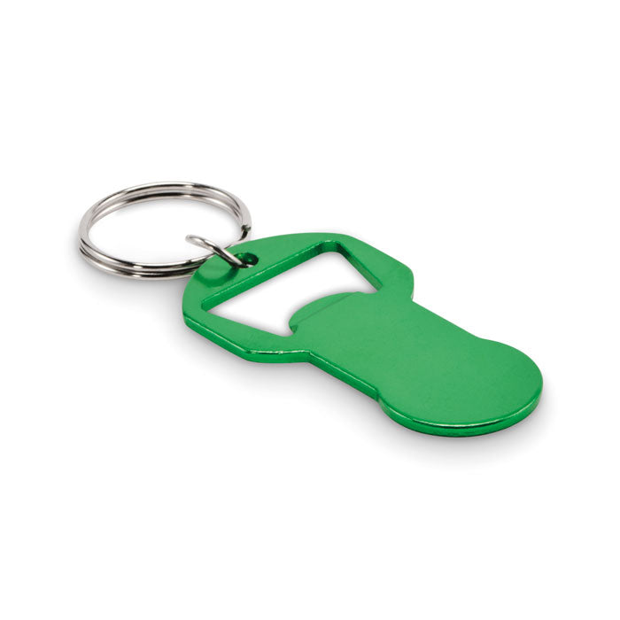 Sleutelhanger met winkelwagenmunt en flesopener, groen